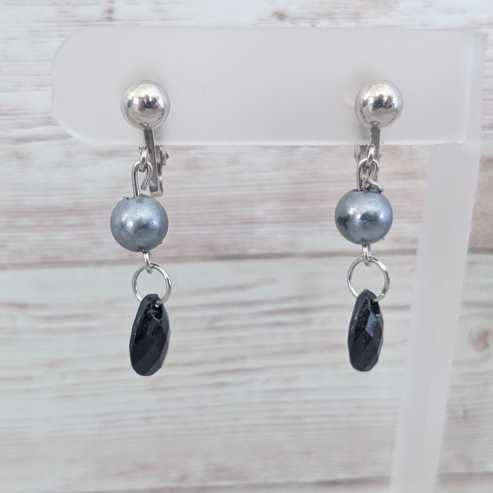 Vintage Clip On Earrings Metallic & Black Dangle